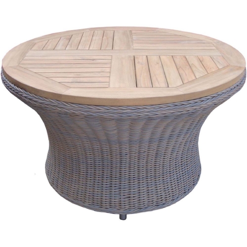 Barbados Outdoor Round Chat Table in Kubu Grey Wicker w/ Teak Top